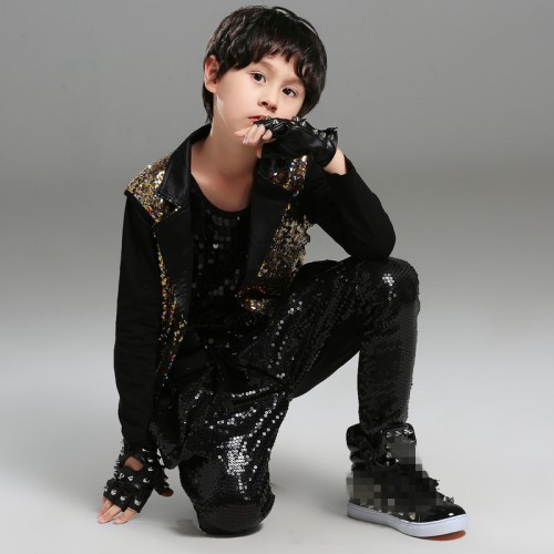 Boy kids gold with black sequins jazz hiphop dance costumes drummer singers host model show performance vest and pants